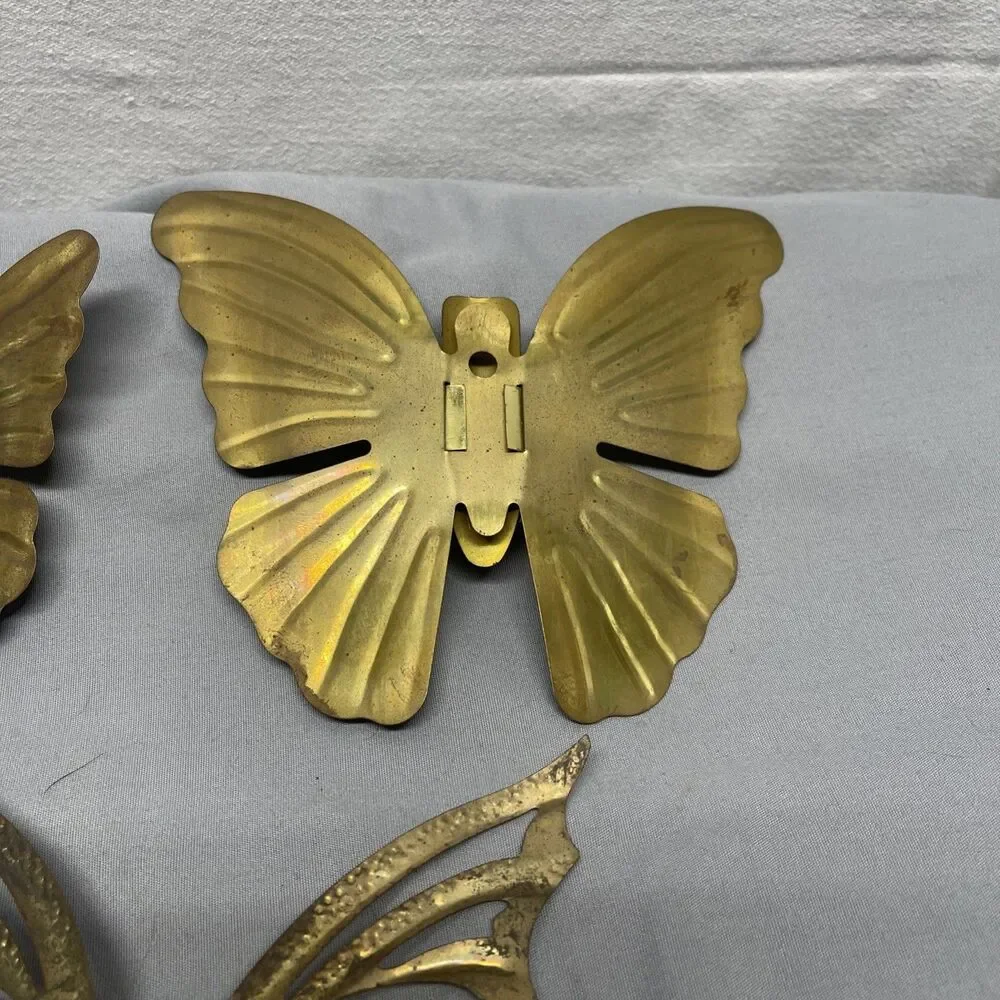 Vintage Brass Butterfly 3pc Wall Art Sculpture Hanging Decor Metal Wood Gold MCM